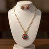 Floral  Ruby & Emerald Pendant Set with Pearl Chain